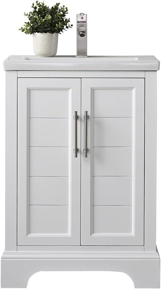 HOMEBEYOND 24 Inch Bathroom Vanity with Single Sink & Ceramic Top, Vanity Cabinet with Center Countertop Basin, Soft-Closing Doors, White