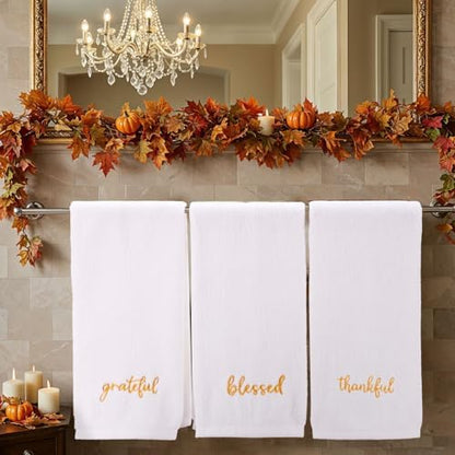 JarThenaAMCS 3Pcs Fall Bathroom Decor Hand Towels Autumn Thanksgiving Cotton Embroidered Towel White Gold Absorbent Bath Towel for Farmhouse Kitchen Hand Drying Cleaning Cooking, 29.5 x 13.7 Inch