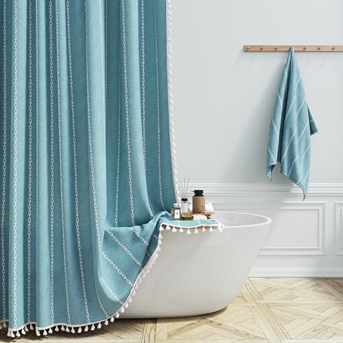 BTTN Teal Boho Farmhouse Linen Heavy Duty Cloth Shower Curtain Set, 72x72