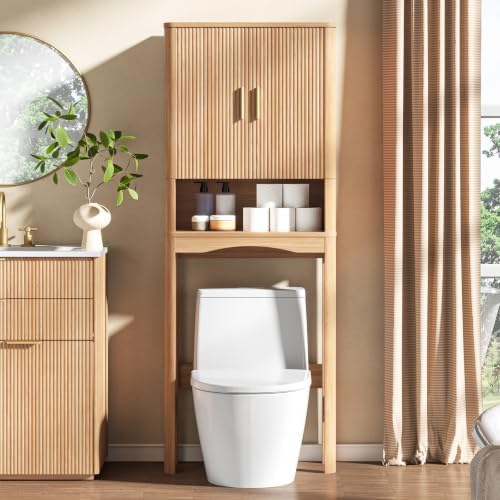 Vabches Farmhouse Over the Toilet Storage Cabinet with 2 Fluted Doors, Oak