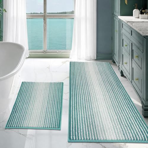 BSICPRO Bathroom Rugs Sets 2 Piece, Non Slip Striped Bath Mats, Aqua Green