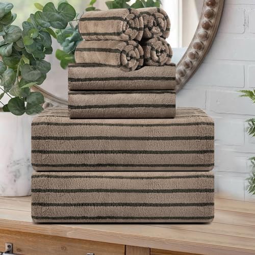 8 Pcs Brown Cabana Stripe Large Bath Towel Set-2 Bathroom Towels,2 Hand Towels,4 Washcloths Lightweight Soft Microfiber Bath Sheet Absorbent Shower Towel Quick Dry Beach Chair Spa Gym Hotel Towels