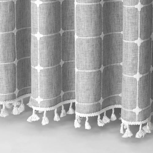 MitoVilla No Hooks Needed Boho Farmhouse Shower Curtain with Snap-in Liner, Cotton Linen Fabric Shower Curtains with Tassels for Rustic Neutral Bathroom Decor, Grey, 72 x 74