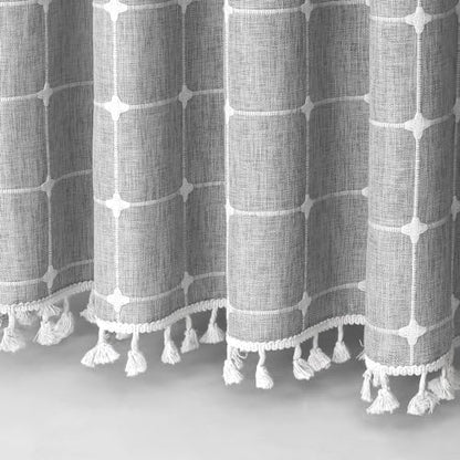 MitoVilla No Hooks Needed Boho Farmhouse Shower Curtain with Snap-in Liner, Cotton Linen Fabric Shower Curtains with Tassels for Rustic Neutral Bathroom Decor, Grey, 72 x 74