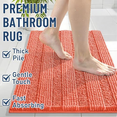 Grandaily Chenille Striped Bathroom Rugs 30x20, Extra Thick and Absorbent Bath Mats, Non-Slip Soft Plush Shaggy Shower Carpet, Machine Wash Dry, Bath Rug for Bathroom, (Medium, Coral Orange)