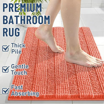 Grandaily Chenille Striped Bathroom Rugs 30x20, Extra Thick and Absorbent Bath Mats, Non-Slip Soft Plush Shaggy Shower Carpet, Machine Wash Dry, Bath Rug for Bathroom, (Medium, Coral Orange)