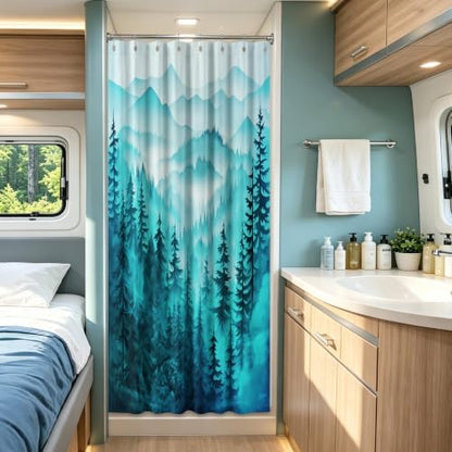 Dark Teal Forest Stall Shower Curtain, 54X72 in Narrow Small, Mountain