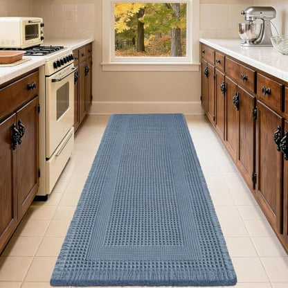 Upgrade Waffle Bath Mat Set 2 Piece, Boho Bathroom Rugs Absorbent Non Slip, Ultra Soft Bathroom Mat, Machine Washable Knit Bath Rugs with Tassels for Bathroom, Bedroom, Kitchen, Shower, Tub, Blue