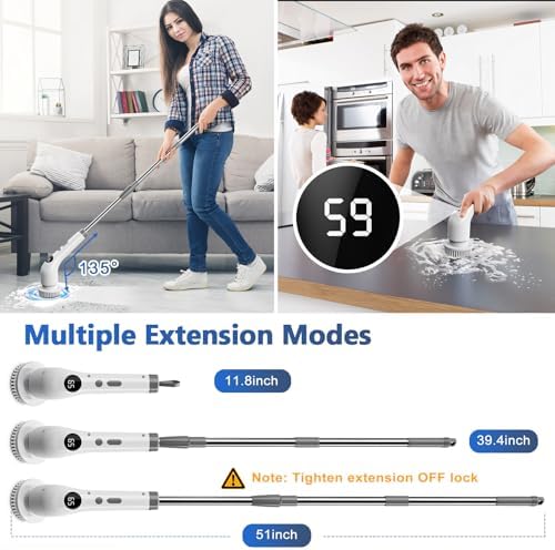 Qimedo Upgrade Rechargeable Electric Scrubber for Cleaning, 45-inch Handheld Spin Scrubber with Extended Long Handle, Cordless Power Dish Scrubber with 6 Brushes for Bathtub Grout Tile Floor