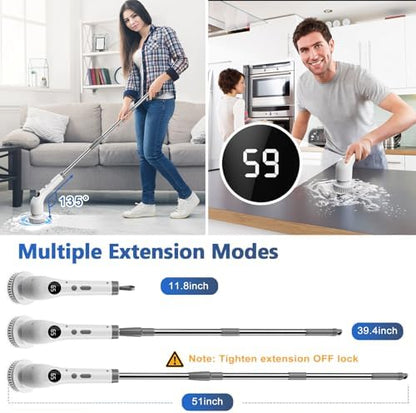 Qimedo Upgrade Rechargeable Electric Scrubber for Cleaning, 45-inch Handheld Spin Scrubber with Extended Long Handle, Cordless Power Dish Scrubber with 6 Brushes for Bathtub Grout Tile Floor