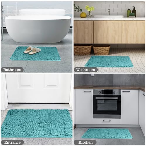 Yeaban Chenille Teal Bathroom Rug 17"x24", Non-Slip Rubber Backing