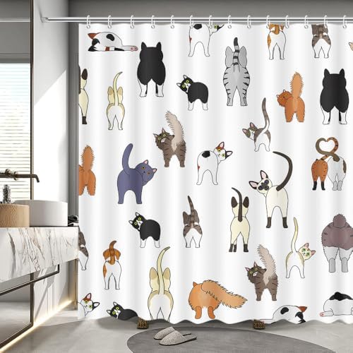 MEHOFOND Funny Cat Shower Curtain Cute Cartoon Cats Bathroom Decor