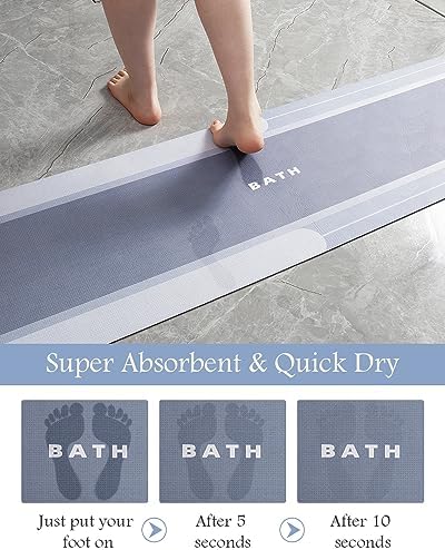 MontVoo-Bath Mat Rug Runner Long Bathroom Mat Non Slip Super Absorbent Stain Resistant Quick Dry Thin Bathroom Rug Fit Under Door-Bath Mats for Bathroom Floor Bathtub Vanity-Bathmat 17"x50" Blue