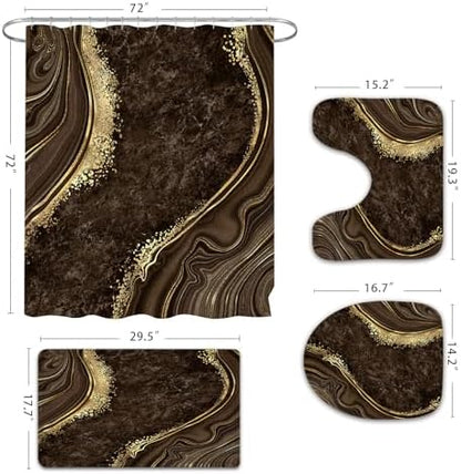 Gibelle 4 Pcs Luxury Marble Shower Curtain Set with Non-Slip Rugs, Toilet Lid Cover and Bath Mat, Gold Foil Brown Bathroom Decor Set with Shower Curtain and Rugs and Accessories