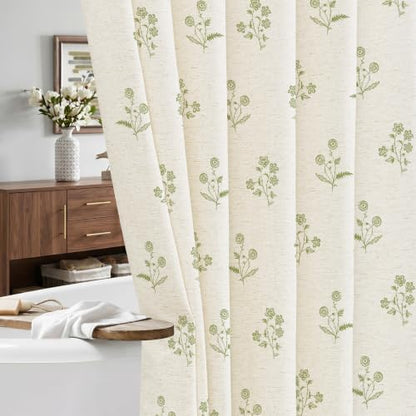 ORTIGIA Linen Shower Curtain Cottagecore Vintage Green Floral 72 W x 72 L