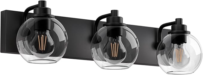 Bathroom Light Fixtures-Matte Black Vanity Lights for Bathroom, Modern Black Vanity Lights 3-Light Bathrooms Lighting Fixtures Over Mirror with Clear Glass Shade