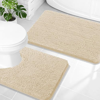 OLANLY Chenille Bathroom Rugs Mats Sets 2 Piece, 30"x20"+24"x20", Beige