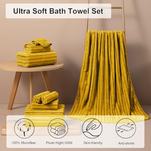 4 Pcs Yellow Cabana Stripe Large Bath Sheets Soft Polyester Bathroom Towels
