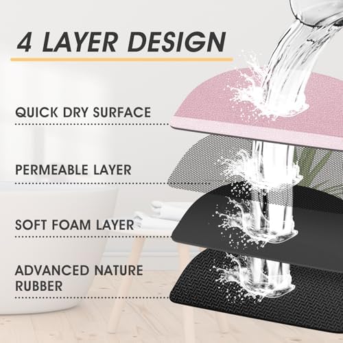 ACCUMTEK Non Slip Bath Mat, Thin Bathroom Rugs Fit Under Door, Quick Dry Bath Mats, Machine Washable Bath Rugs for Bathroom, Bathtub & Kitchen, Pink/Bordered/U-Shaped 24"x20"