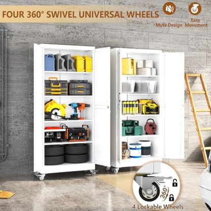 71" Metal Garage Storage Locker Cabinet with Wheels,Rolling White Farmhouse Kitchen Pantry Cabinet with 2 Doors and 4 Adjustable Shelves, Steel File Tool Cabinet for Home Office Warehouse