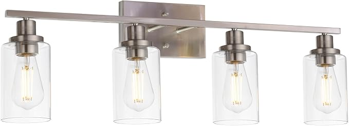 MELUCEE Bathroom Light Fixtures Brushed Nickel 4 Heads with Clear Glass | Modern Vanity Lights Wall Sconce with Clear Glass Shade for Hallway Kitchen Bedroom Living Room (Patent No.: US D963914 S)