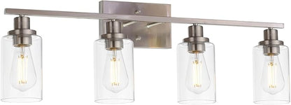 MELUCEE Bathroom Light Fixtures Brushed Nickel 4 Heads with Clear Glass | Modern Vanity Lights Wall Sconce with Clear Glass Shade for Hallway Kitchen Bedroom Living Room (Patent No.: US D963914 S)