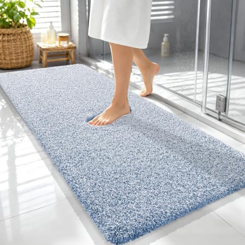 OLANLY Microfiber Soft Bathroom Rugs Mats 59x24, Cornflower Blue and White