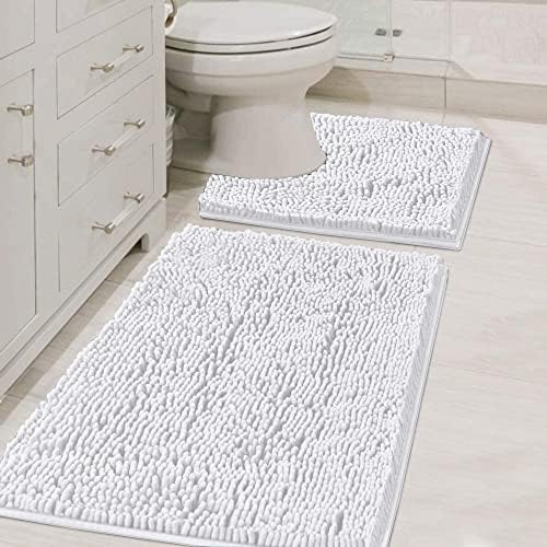 H.VERSAILTEX Original Luxury Chenille Bathroom Rug Mat (32" x 20"/20" x 20"), Extra Soft & Absorbent Shaggy Rugs, Machine Wash/Dry, Perfect Plush Carpet Mats for Tub (Curved Set, Pure White)