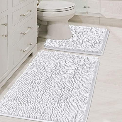 H.VERSAILTEX Original Luxury Chenille Bathroom Rug Mat (32" x 20"/20" x 20"), Extra Soft & Absorbent Shaggy Rugs, Machine Wash/Dry, Perfect Plush Carpet Mats for Tub (Curved Set, Pure White)