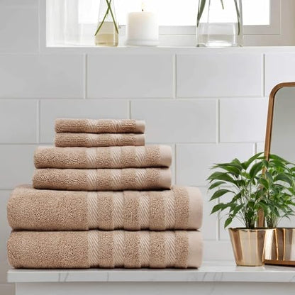 Hearth & Harbor Bath Towels for Bathroom - 100% Ring Spun Cotton Luxury Bathroom Towels - Soft & Highly Absorbent Bath Towels Set, 6 Piece Set, Beige