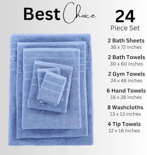 Casa Platino Towel Set Quick Dry 100% Cotton 24 Piece Soft - Cerulean Blue