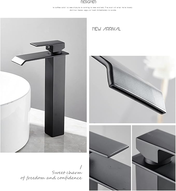 Bathroom Vessel Sink Faucet Black Waterfall One Hole Bowl Sink Faucet Bathroom Faucets Tall Single Handle with Drain Assembly Farmhouse Vanity Lavatory Deck Mount Supply Lines Hose