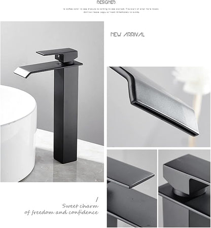 Bathroom Vessel Sink Faucet Black Waterfall One Hole Bowl Sink Faucet Bathroom Faucets Tall Single Handle with Drain Assembly Farmhouse Vanity Lavatory Deck Mount Supply Lines Hose