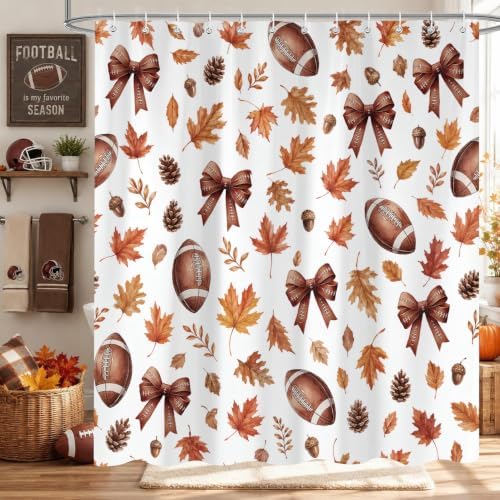 Fall Shower Curtain, Autumn American Football Maple Leaf Bathroom Curtain Set, Fall Thanksgiving Harvest Bath Curtain Decor Waterproof Fabric 72X72in