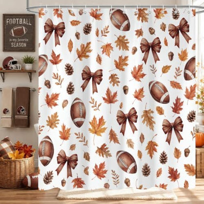 Fall Shower Curtain, Autumn American Football Maple Leaf Bathroom Curtain Set, Fall Thanksgiving Harvest Bath Curtain Decor Waterproof Fabric 72X72in