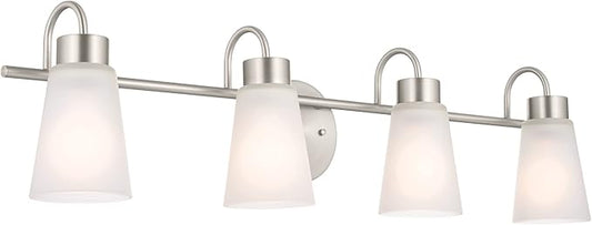 Kichler Erma 4-Light Bathroom Vanity Light Fixture with Clear Satin Etched Glass, Updated Traditional Wall Light in Brushed Nickel, (32.5" x 8.5")