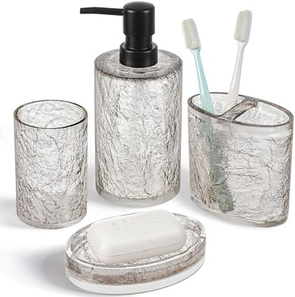 RQYIXI Resin 4-Piece Bathroom Accessories Set, Silver Crackle, Shatterproof