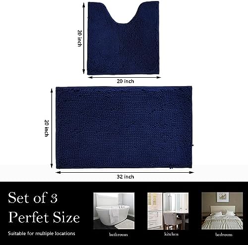 Bathroom Rugs Chenille Bath mat 2 Piece Set, Super Absorbent, Strong PVC Non Slip Backing, Bath mats for Bathroom, Plush Shaggy, Thick, Machine Washable, Bathtub, Toilet.(Navy Blue)