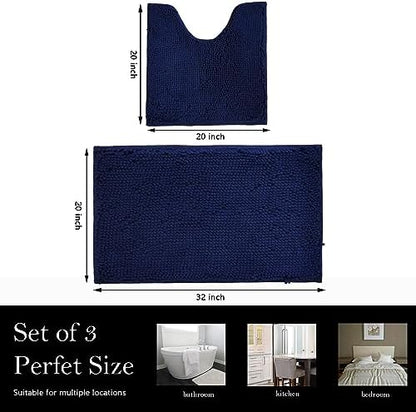 Bathroom Rugs Chenille Bath mat 2 Piece Set, Super Absorbent, Strong PVC Non Slip Backing, Bath mats for Bathroom, Plush Shaggy, Thick, Machine Washable, Bathtub, Toilet.(Navy Blue)