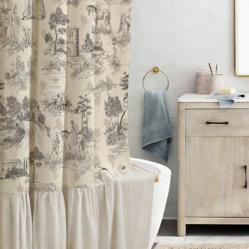 ORTIGIA Ruffle Linen Shower Curtain with Metal Hooks 72x72 Inch, Taupe Brown Toile de Jouy for Vintage French Country Waterproof Bathroom Decor Chateau Toile Pattern