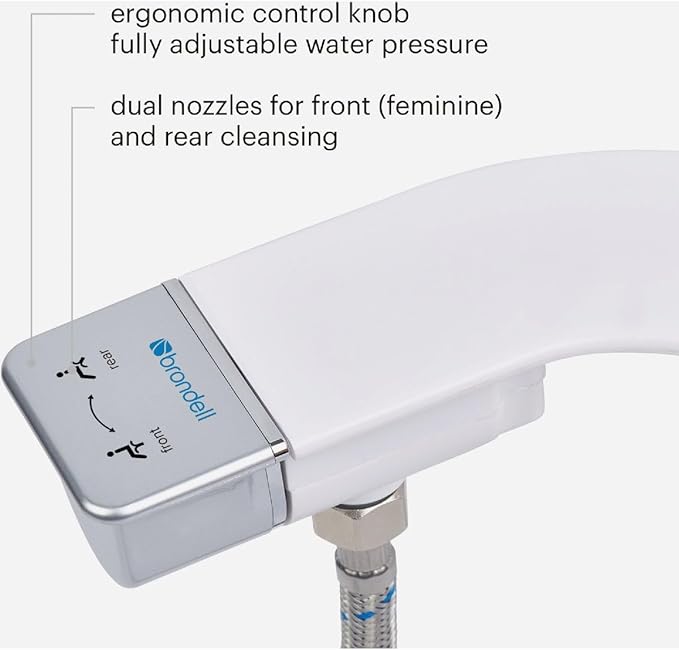 Brondell Bidet Attachment for Toilet SS-250 SimpleSpa Fresh Water Spray with Adjustable Water Pressure Side Arm Control, Slim Bidet Sprayer, Silver Knob (Dual Nozzle)
