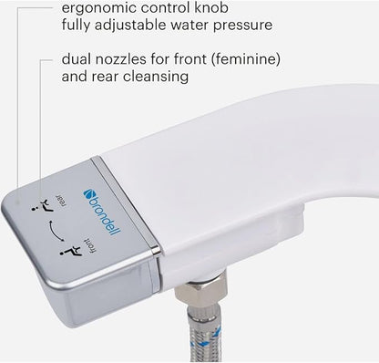Brondell Bidet Attachment for Toilet SS-250 SimpleSpa Fresh Water Spray with Adjustable Water Pressure Side Arm Control, Slim Bidet Sprayer, Silver Knob (Dual Nozzle)