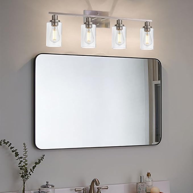 MELUCEE Bathroom Light Fixtures Brushed Nickel 4 Heads with Clear Glass | Modern Vanity Lights Wall Sconce with Clear Glass Shade for Hallway Kitchen Bedroom Living Room (Patent No.: US D963914 S)