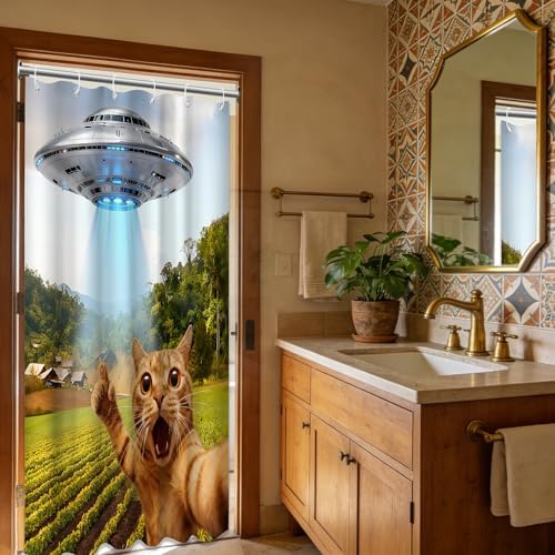 Small Stall Shower Curtain Rv Funny Cat UFO, 36 x 72 Inchs