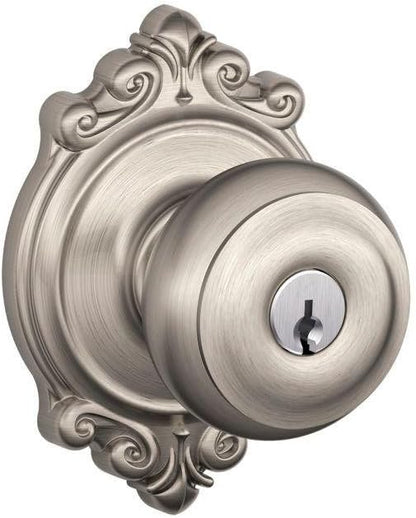 SCHLAGE F51A GEO 619 BRK Georgian Knob with Brookshire Trim Keyed Entry Lock, Satin Nickel