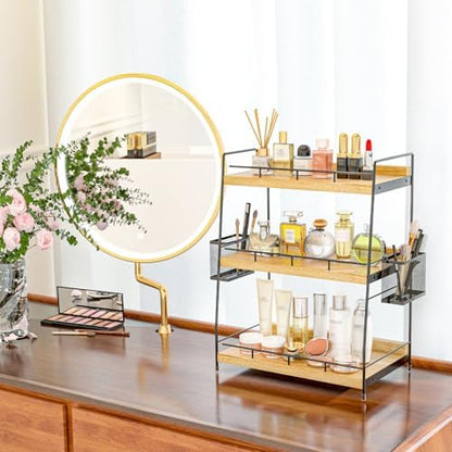 Wood 3 Tier Bathroom Counter Organizer with Side Baskets Fits Tall Bottles