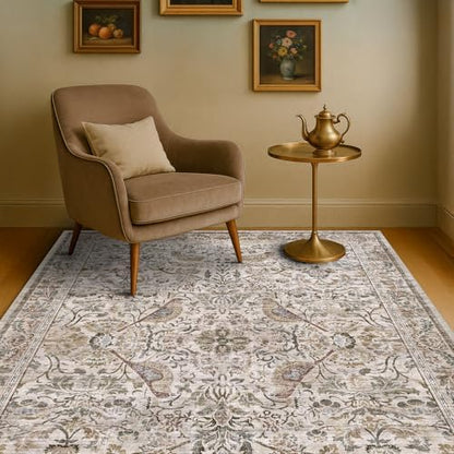 Vintage Washable 4x6 Area Rug for Bedroom Beside, Entryway, Mudroom, Kitchen, Living Room, Low Pile Non Slip, Oriental Stain Resistant Carpet with Moss Green Bird Pattern