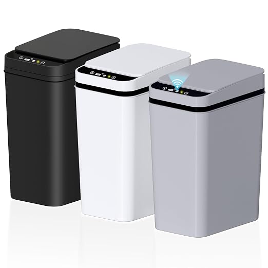 Bathroom Small Trash Can with Lid, Automatic Garbage Can, 2.6 Gallon | 3 Pack Touchless Slim Waterproof Motion Sensor Smart Trash Bin for Bedroom, Office, Living Room-White/Black/Grey