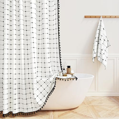 BTTN 54x78 Boho Farmhouse Linen Heavy Duty Shower Curtain, White and Black
