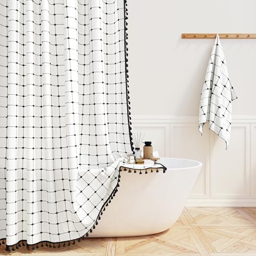 BTTN White Black Farmhouse Linen Heavy Duty Cloth Shower Curtain, 72x72